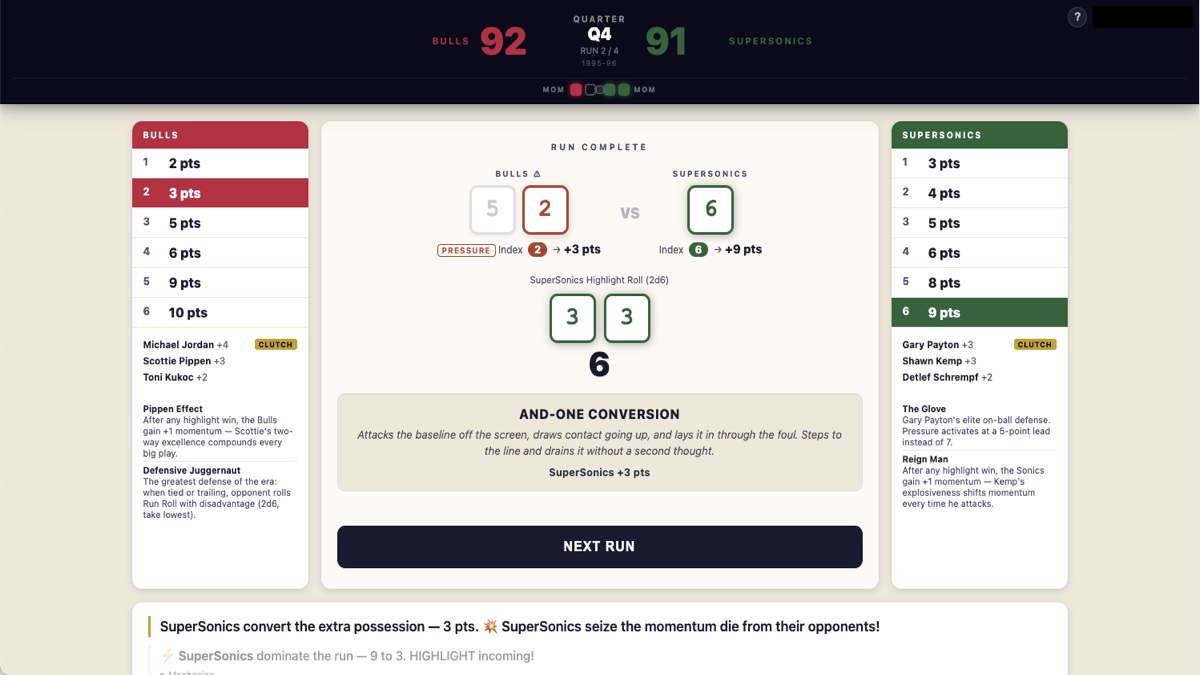 Full Court Dice in-game scoreboard showing a live NBA matchup